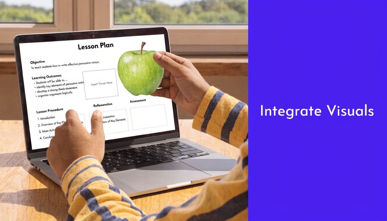 A close-up view of a person using a laptop to design a lesson plan with graphics.