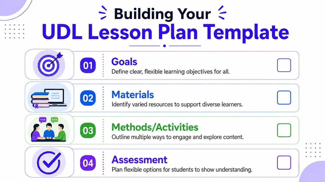 A template outline for a UDL lesson plan featuring four key steps for inclusive educational design.