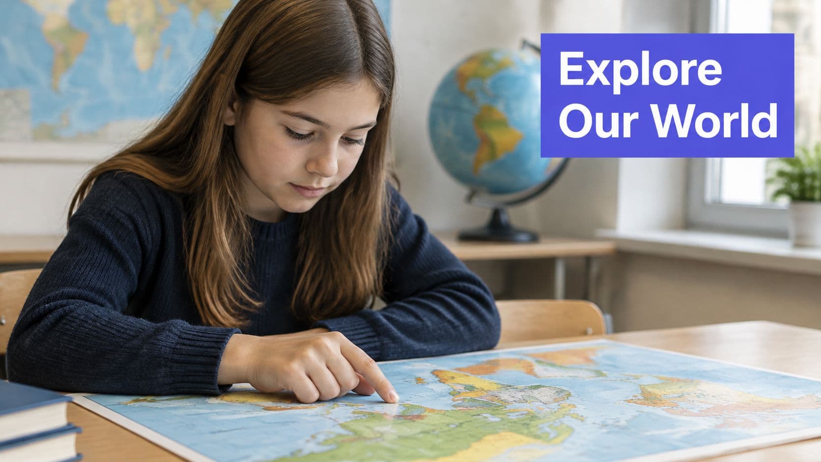 A young girl with long hair points at a location on a large paper world map.