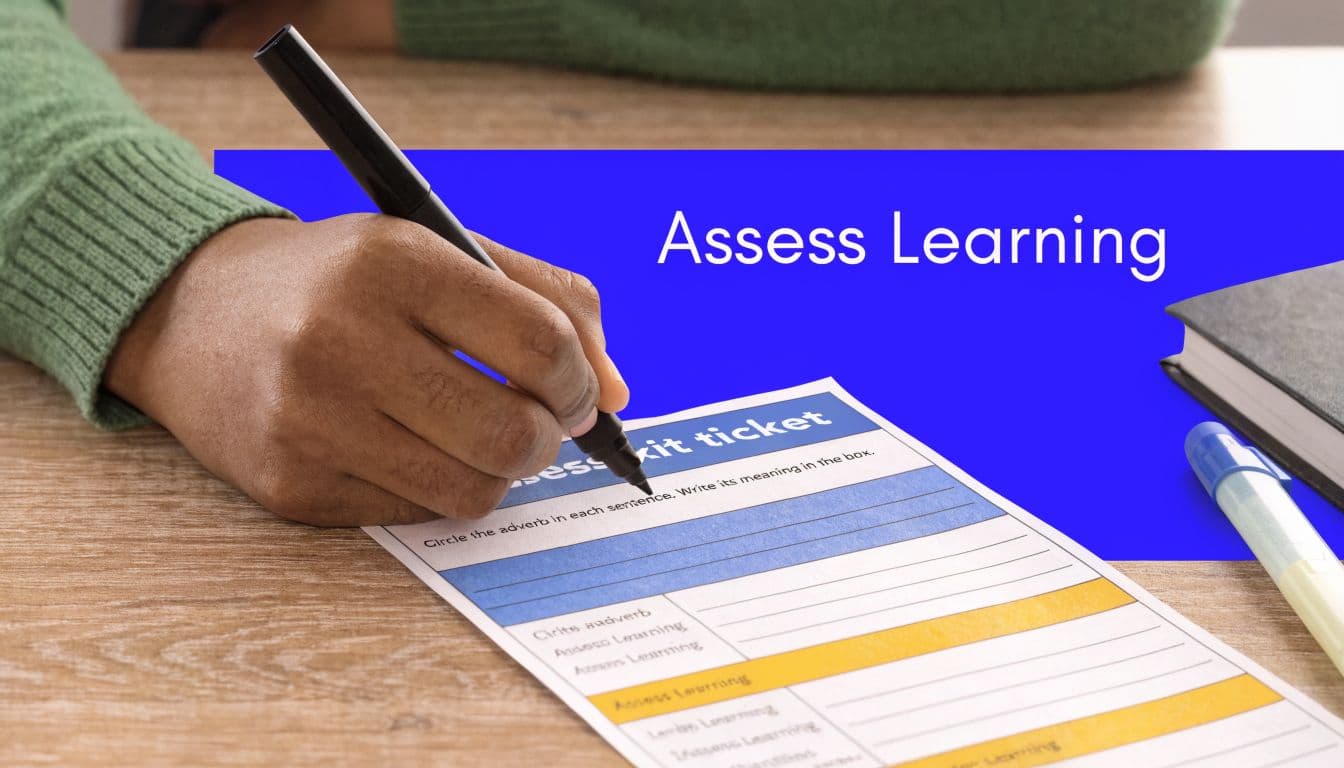 A close-up view of a person writing on an educational worksheet about adverbs of place.