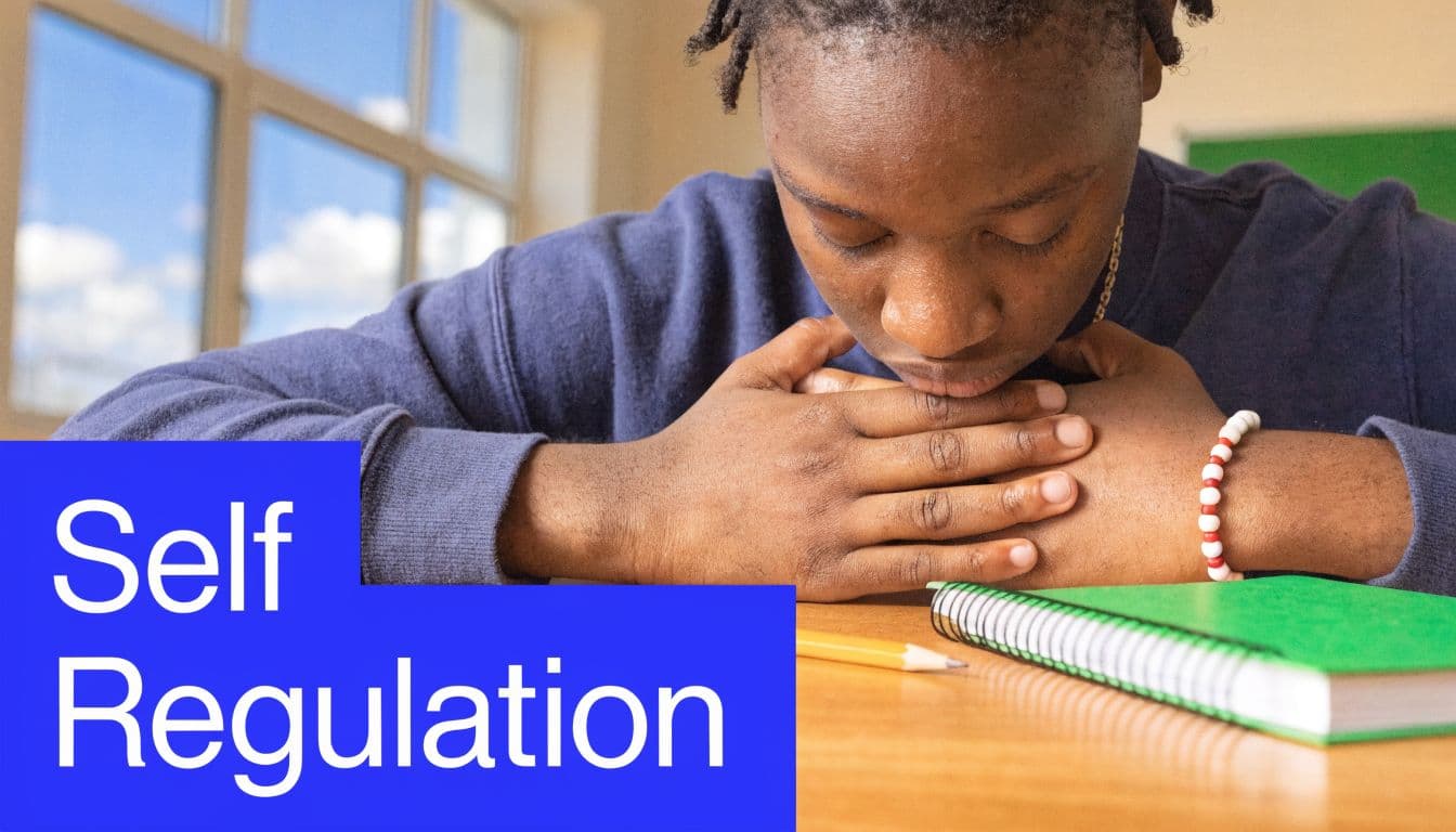 A student in a classroom reflecting quietly with their hands clasped while focusing on self-regulation strategies.
