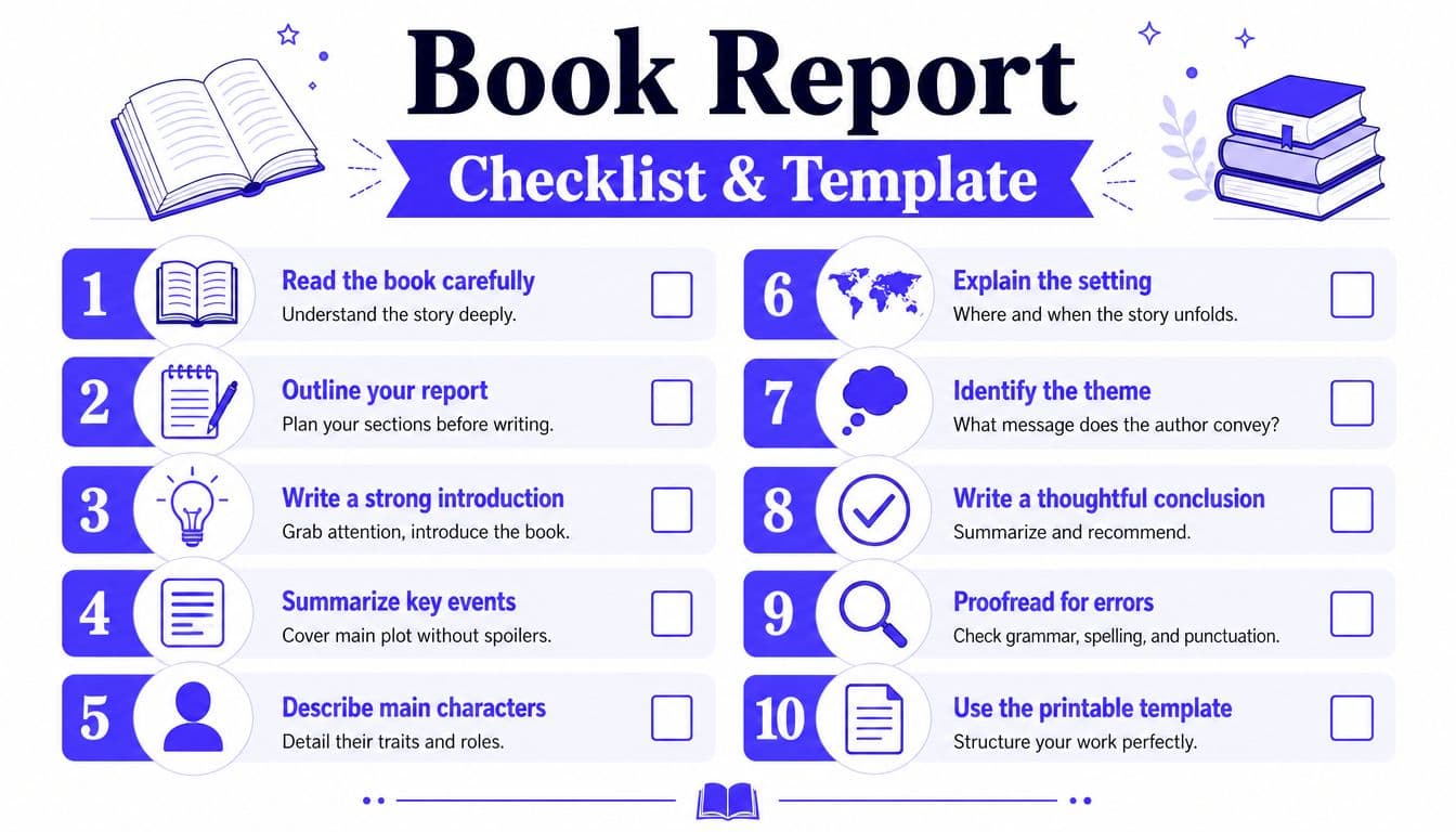 A colorful educational checklist and template guide for students creating a structured book report.