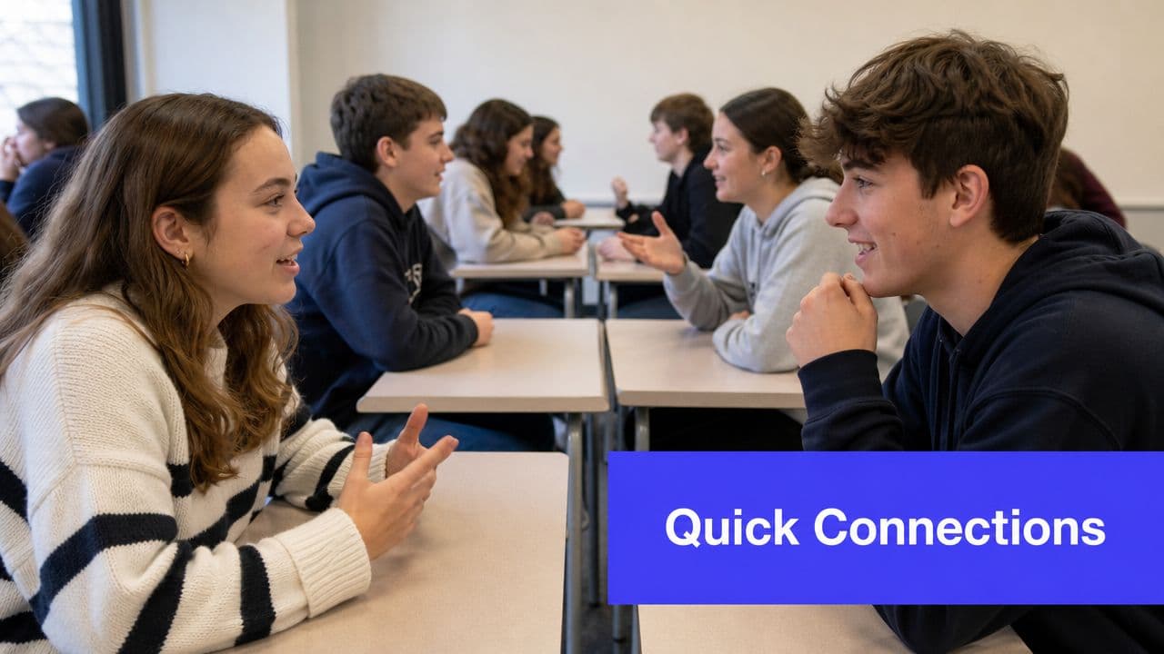 High school students sitting at desks in pairs, engaging in meaningful conversation for a classroom activity.