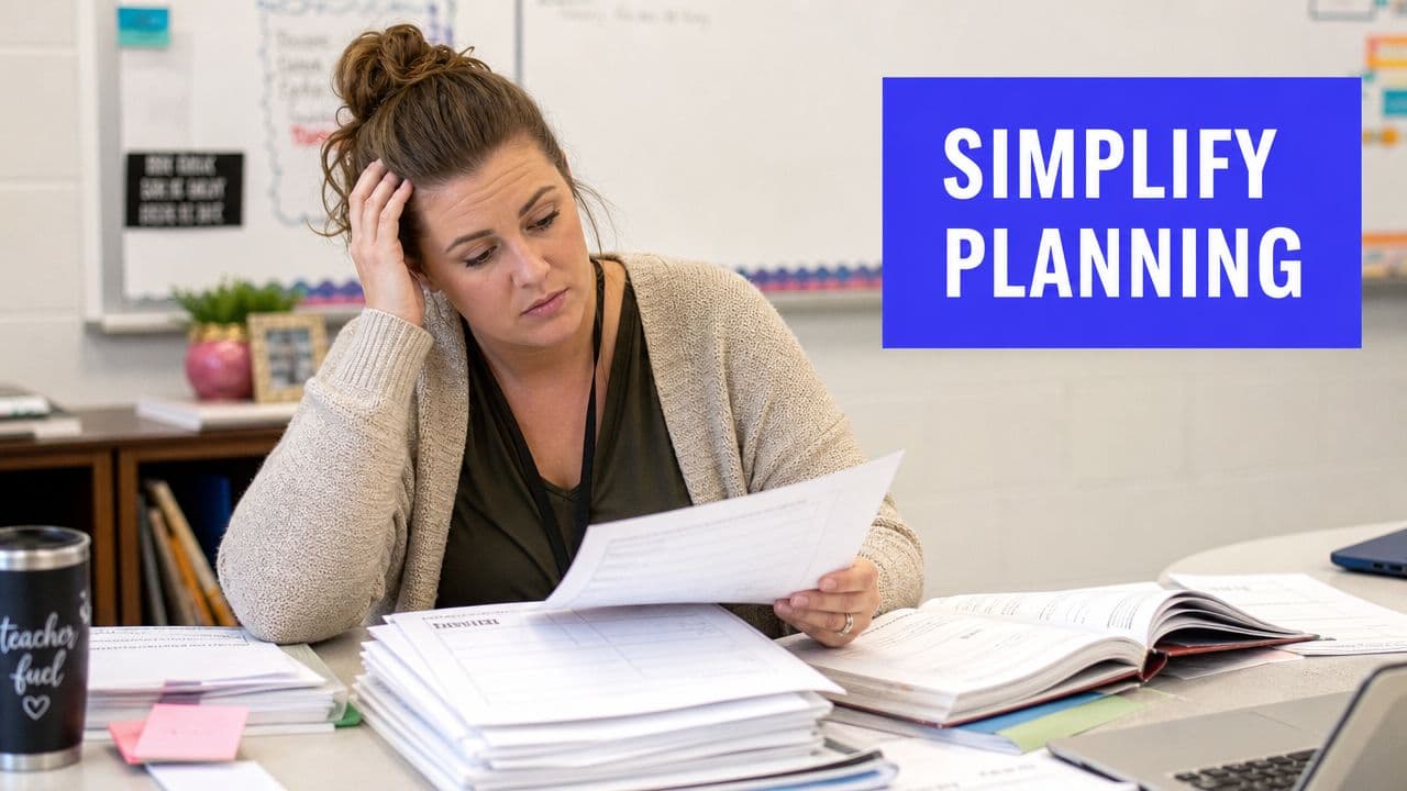 A stressed female teacher sitting at her desk, reviewing paperwork and lesson plan documents in classroom.