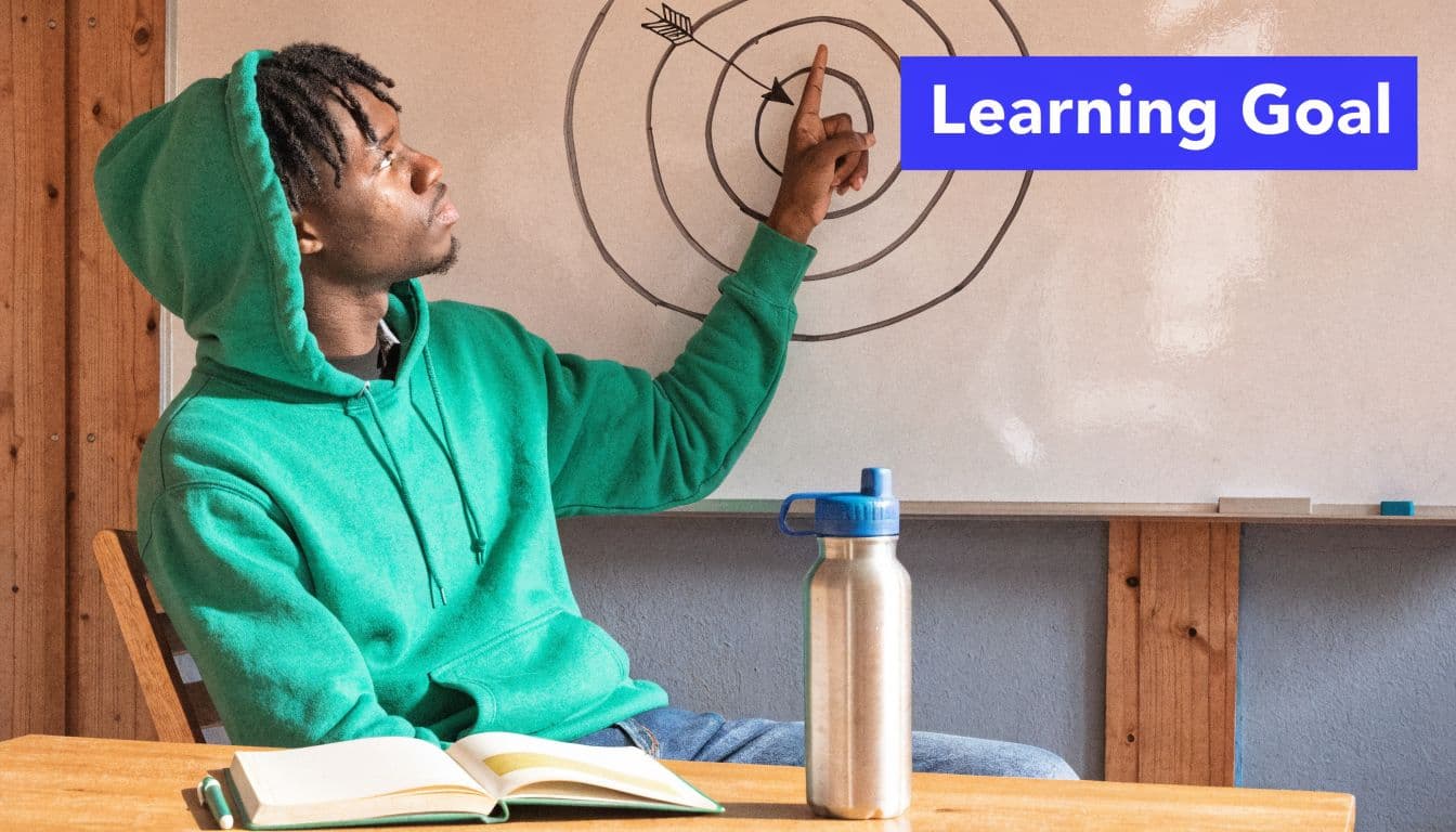 A student in a green hoodie points toward a bullseye target drawn on a white classroom board.