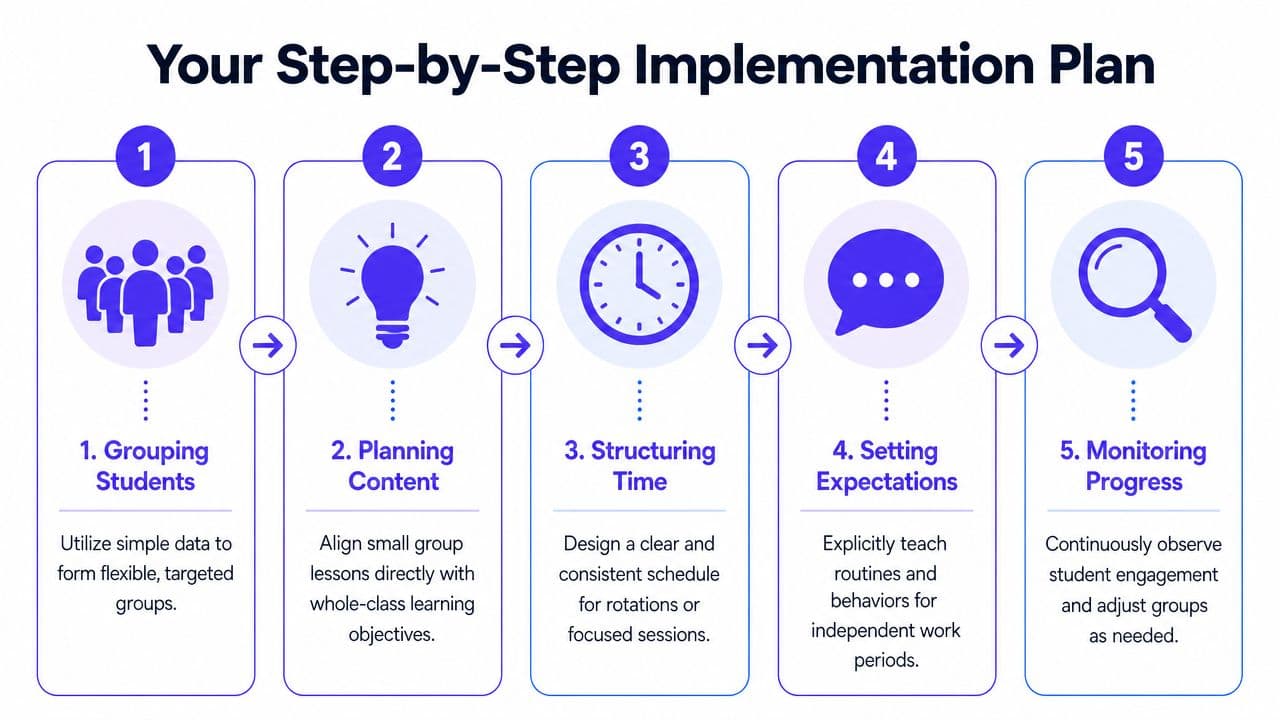 A five-step infographic for implementing small group instruction, outlining grouping, planning, timing, expectations, and monitoring.