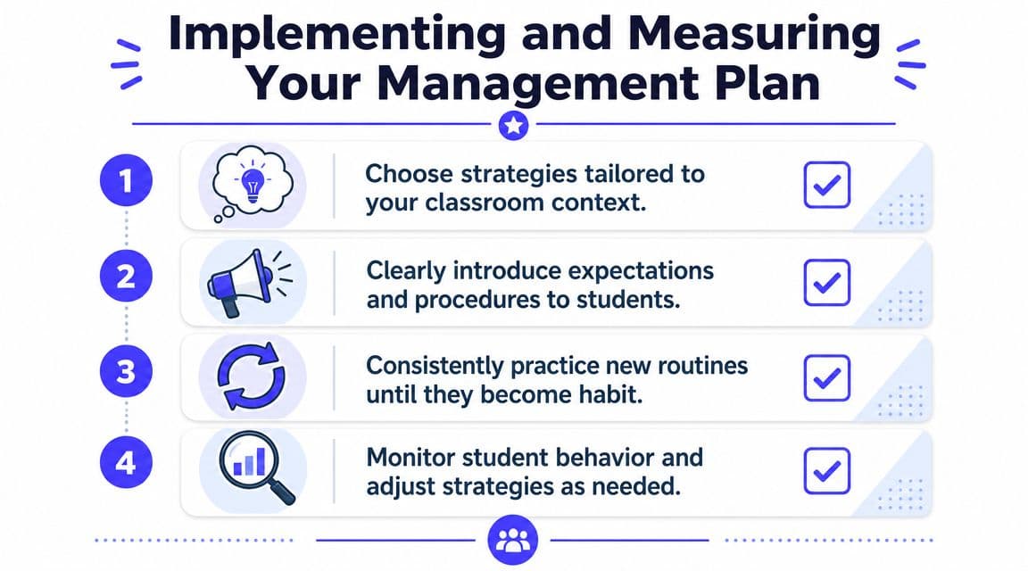 An infographic showing four steps for implementing and measuring an effective classroom management plan.