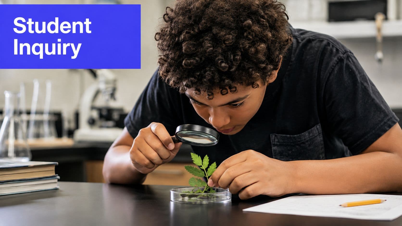 A young student examines a green plant leaf using a handheld magnifying glass in a laboratory.