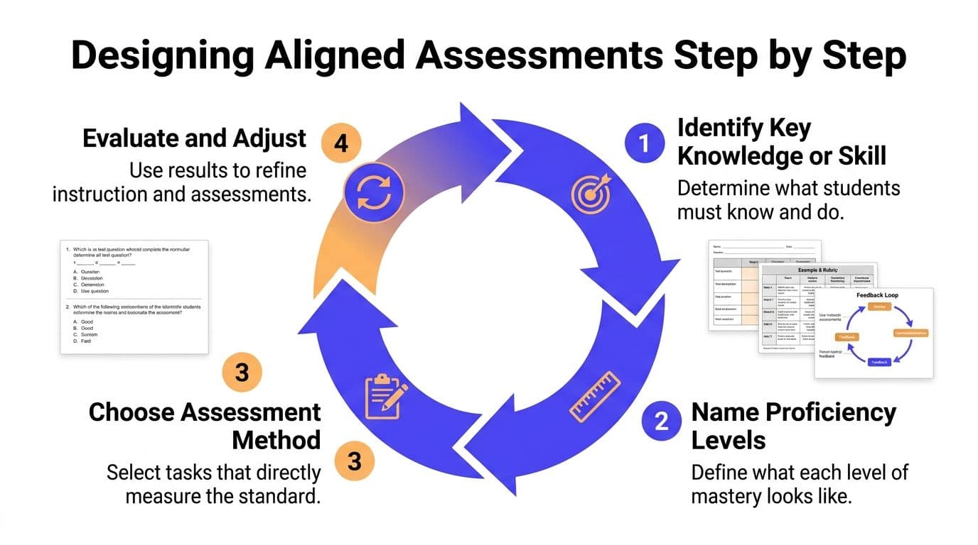 A circular infographic detailing the four steps for designing aligned assessments in an educational setting.