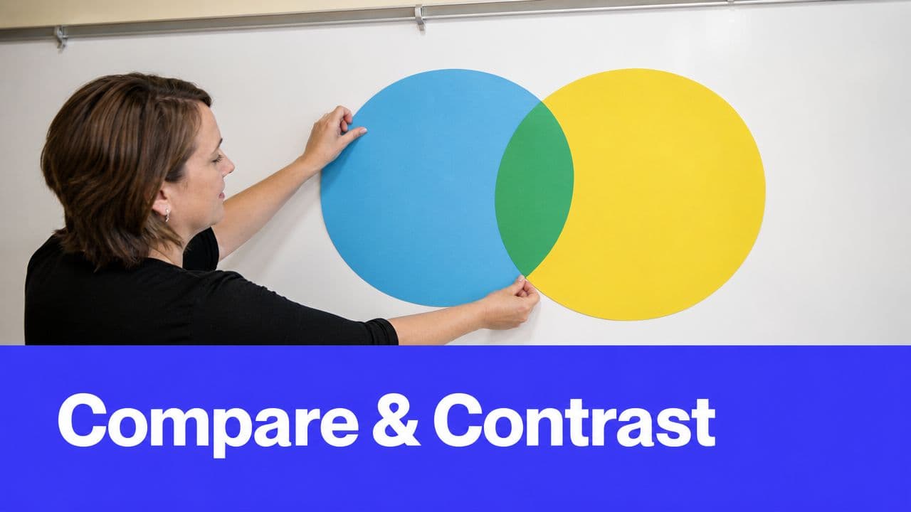 A teacher placing a blue and yellow circular diagram on a whiteboard for a compare and contrast lesson.
