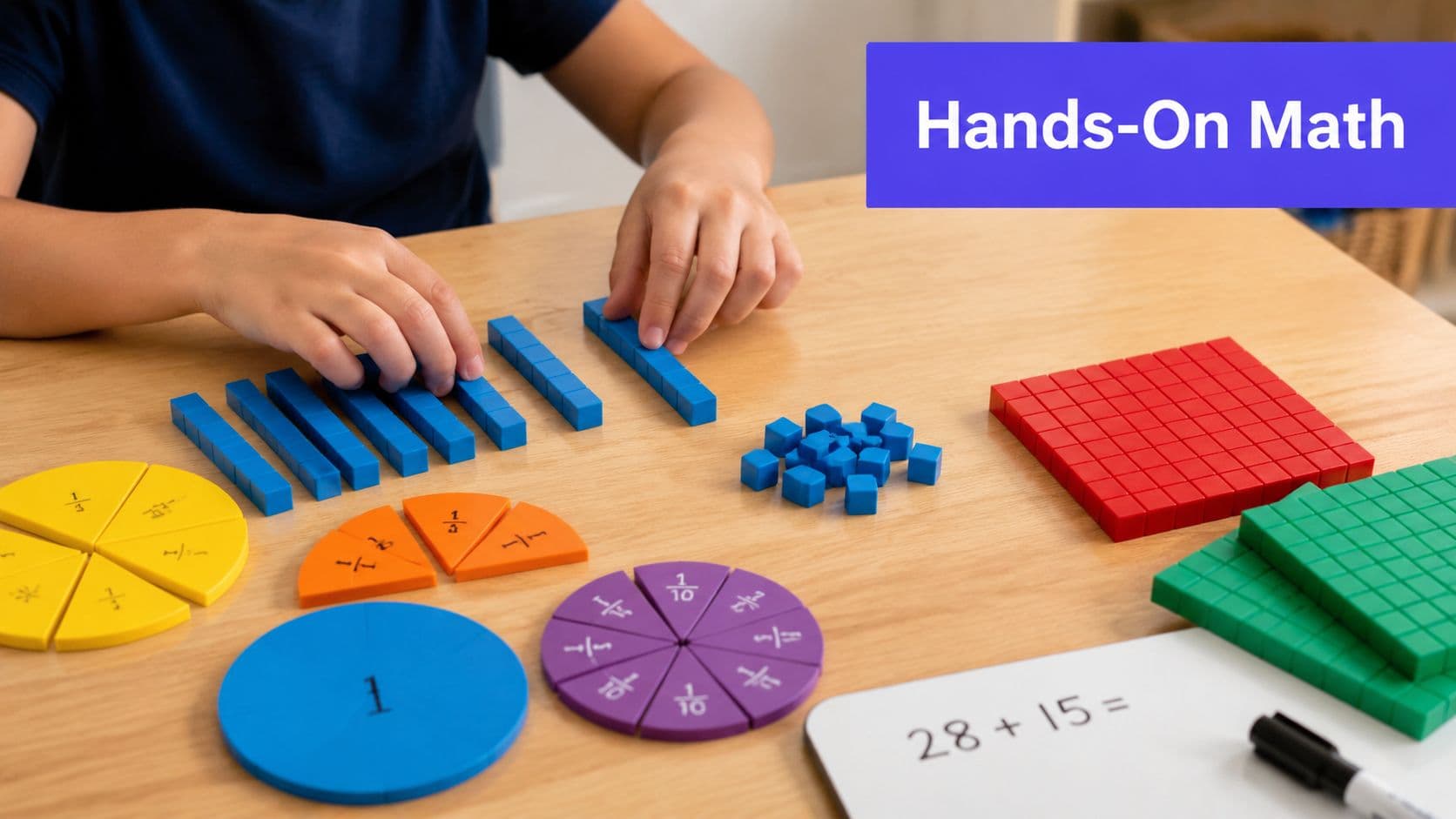 A child learns mathematics using base ten blocks and colorful fraction circles on a wooden table.