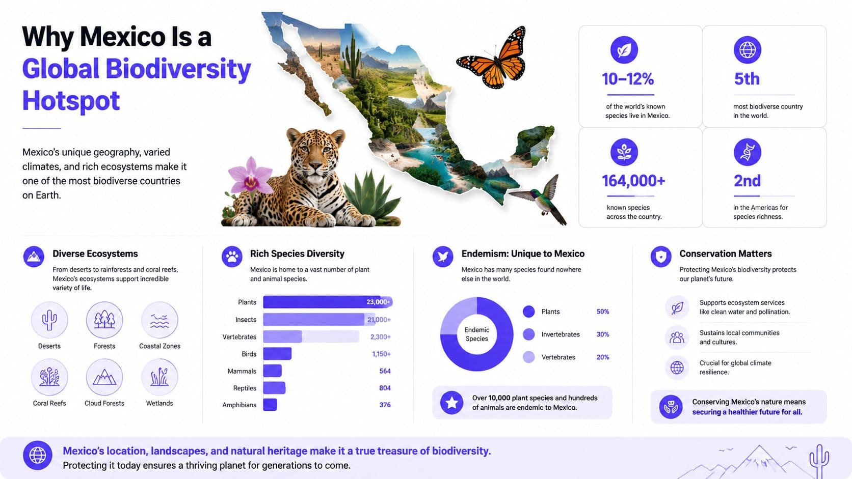 An infographic highlighting Mexico's high global biodiversity, unique ecosystems, and the importance of conservation efforts.