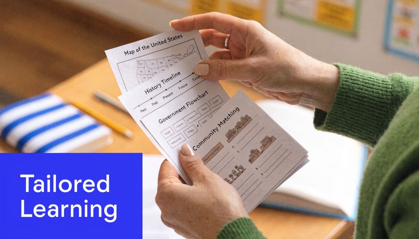 A teacher holds a stack of educational social studies worksheets featuring maps, timelines, and government flowcharts.