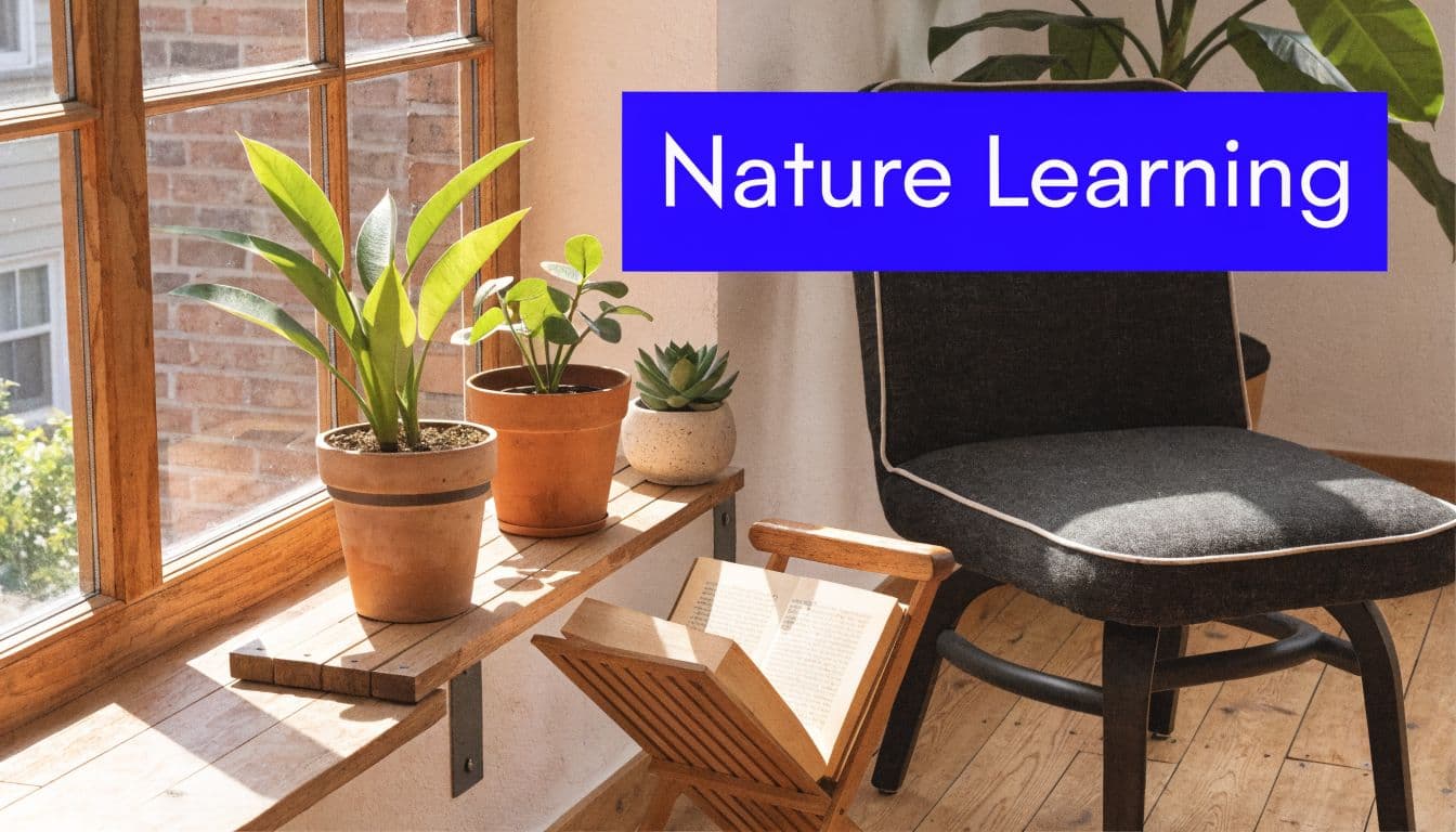 A wooden shelf holds potted plants and an open book next to a stylish chair by a window.