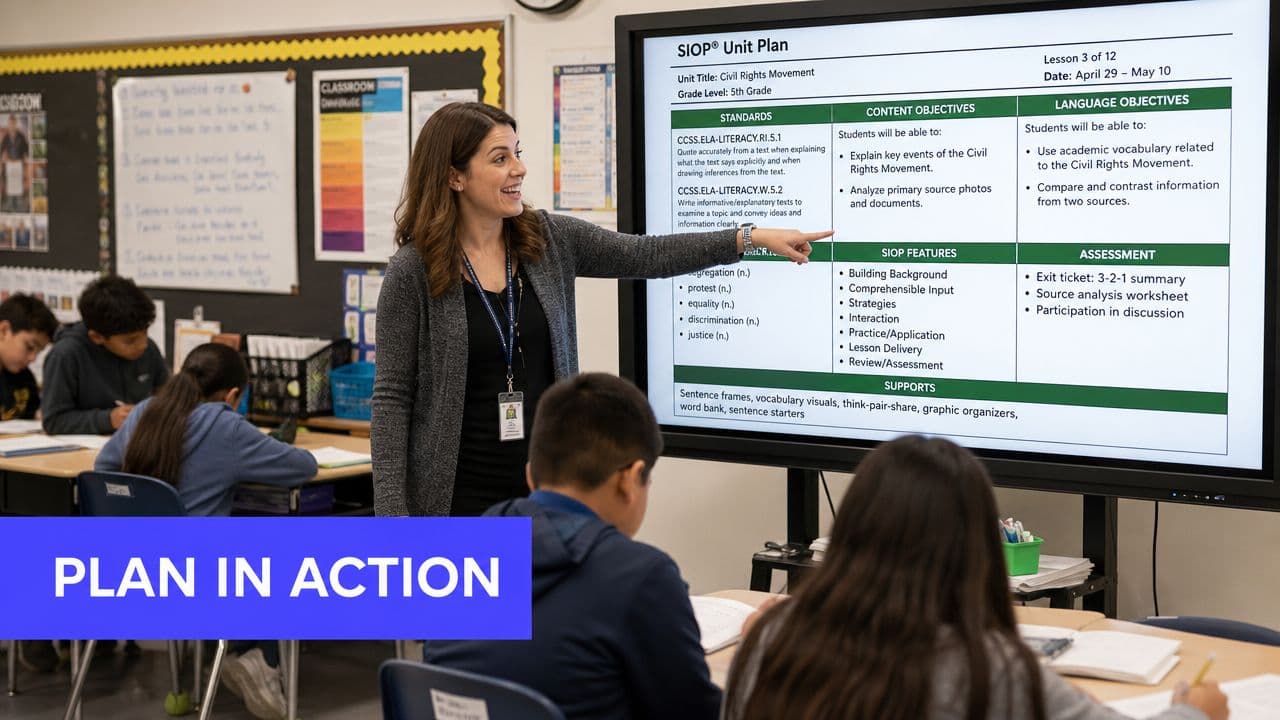 A teacher points to a digital display showing a SIOP unit plan lesson in a classroom setting.