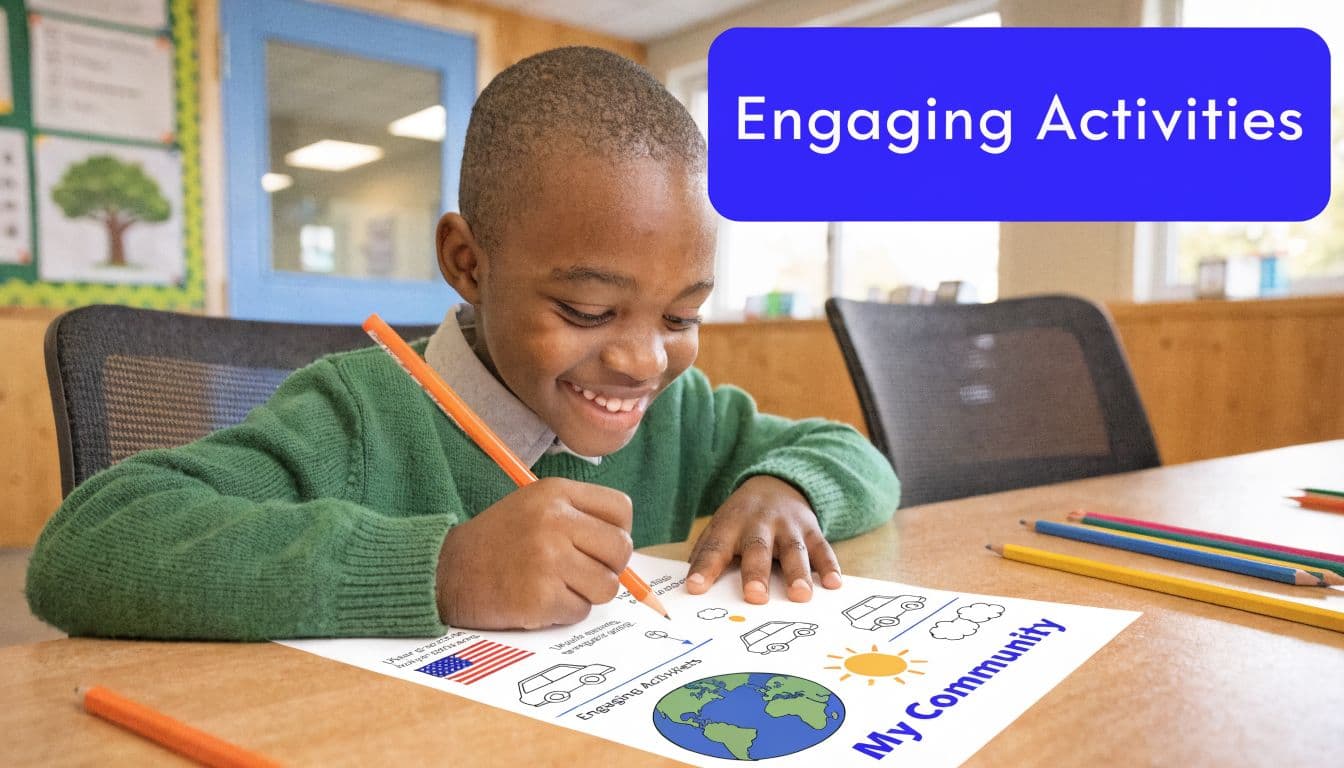 A happy young student sitting at a desk and coloring a worksheet titled My Community.