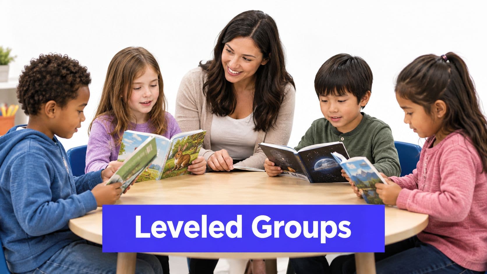 A friendly teacher sits at a round table with four diverse elementary students during guided reading.
