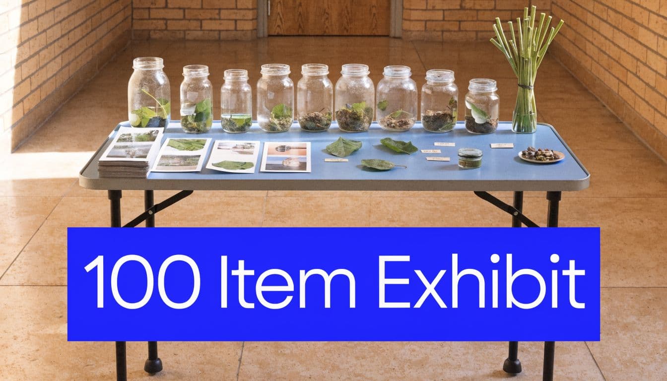 A table display of jars, plant samples, and photos for a science or 100 days of school exhibit.
