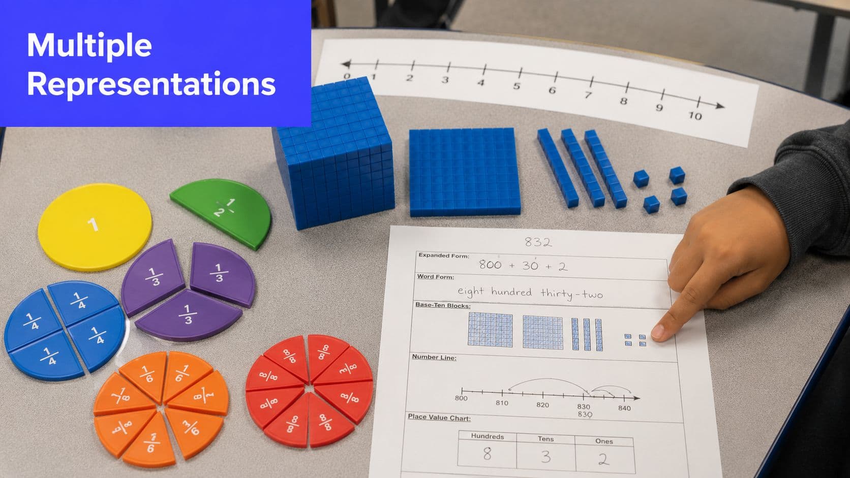 A student using manipulatives and a worksheet to learn math concepts like fractions and place value.