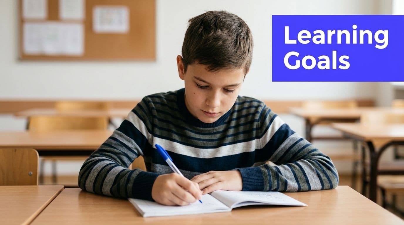 A focused young boy sitting at a classroom desk, writing in a notebook with a blue pen.