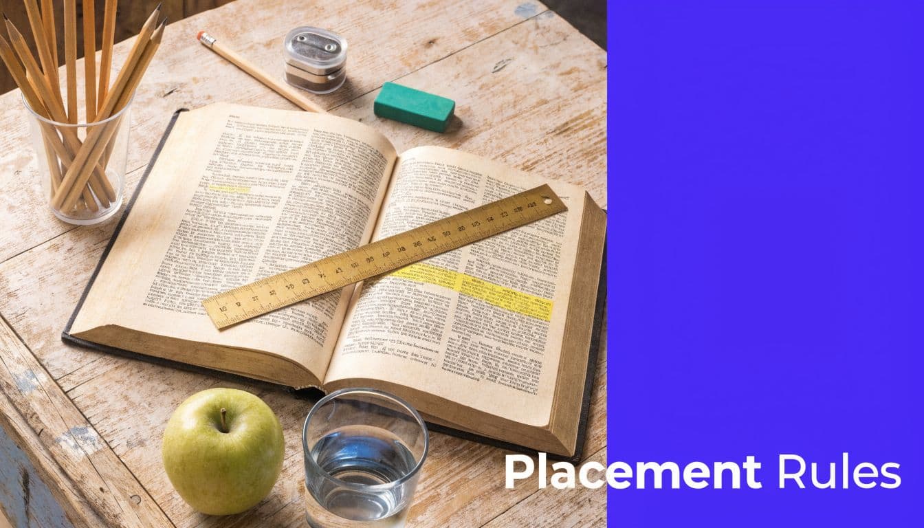 A wooden table featuring an open dictionary with a ruler, a green apple, and pencils in a glass.