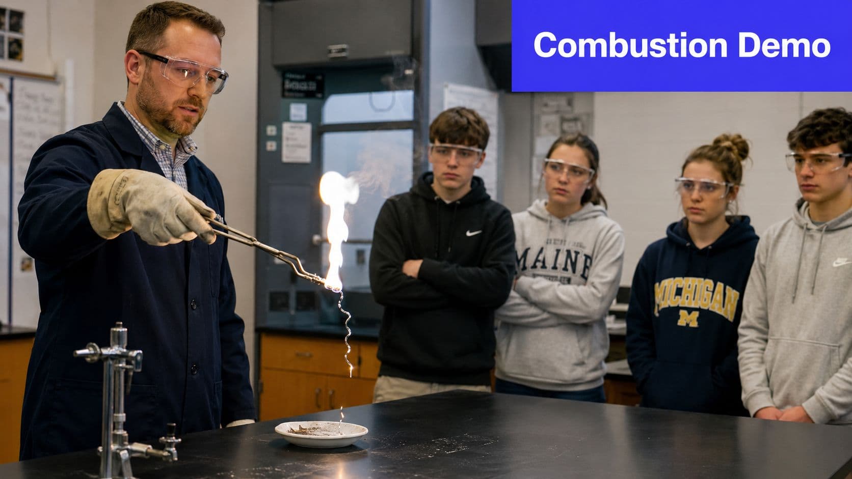 A science teacher conducts a combustion demonstration with a burning substance for students wearing protective safety goggles.
