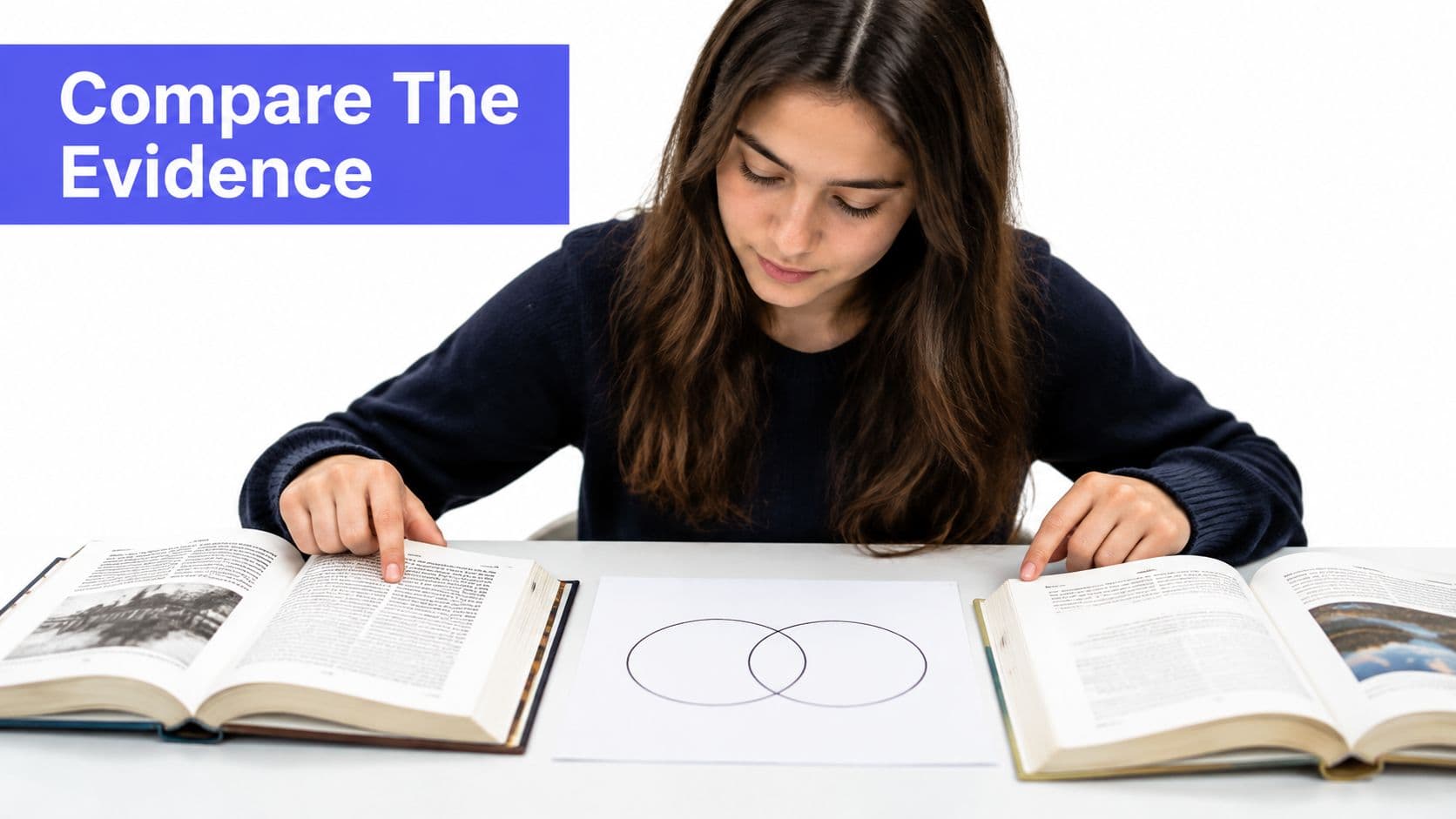 A student comparing evidence from two different open books using a blank Venn diagram for analysis.