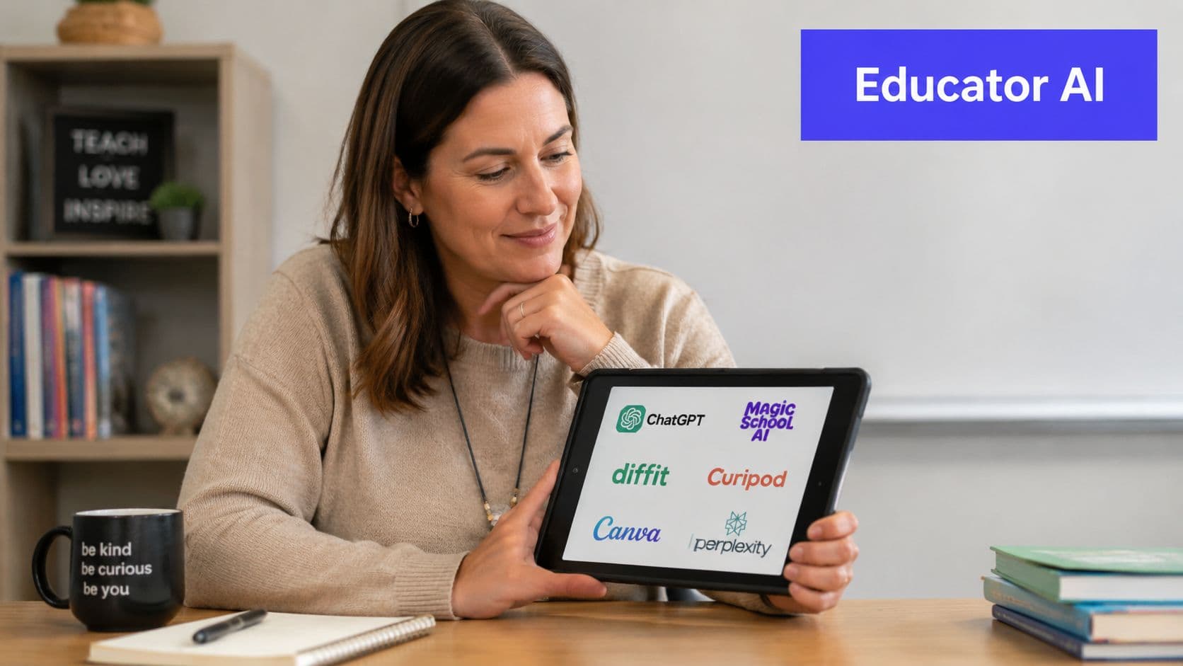 A female teacher sitting at a desk and holding a tablet displaying various educational AI tools.