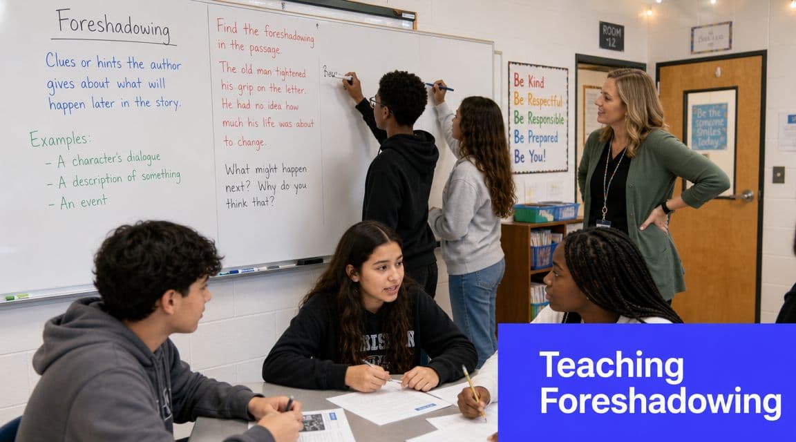 A teacher facilitates a classroom discussion on foreshadowing with students working in groups at a whiteboard.