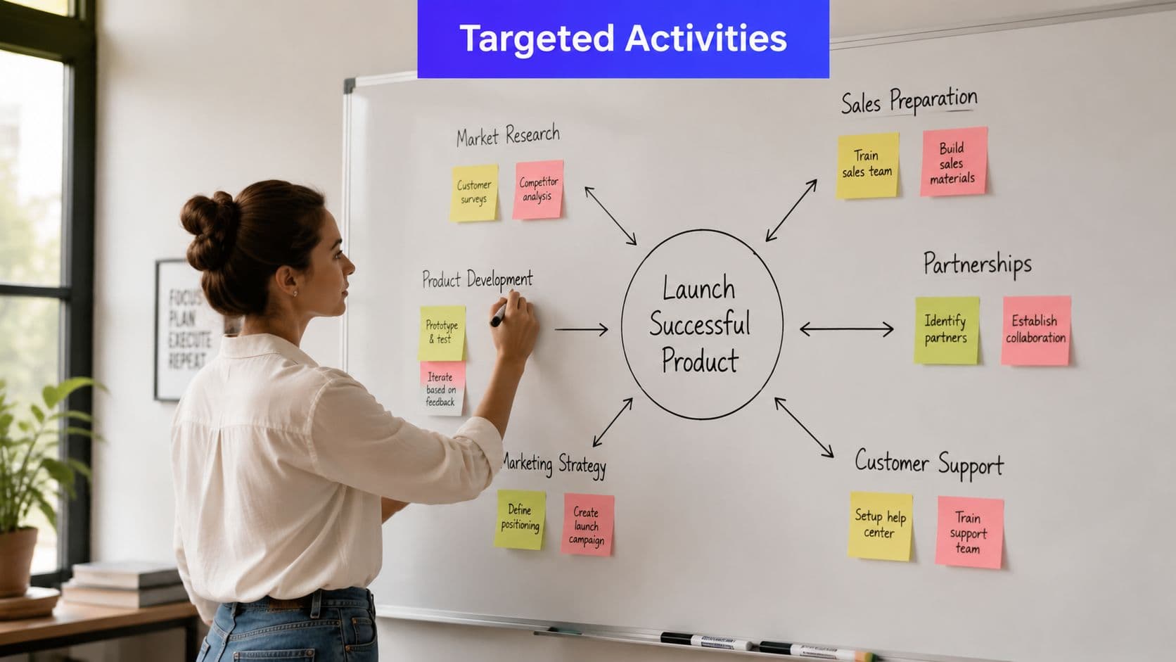 A woman writing a strategy for a successful product launch on a whiteboard in an office.