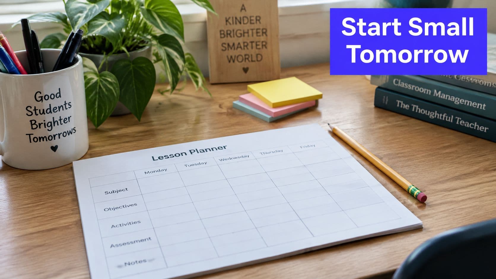 A teacher's workspace with a blank weekly lesson planner, pens, books, and a small potted plant.