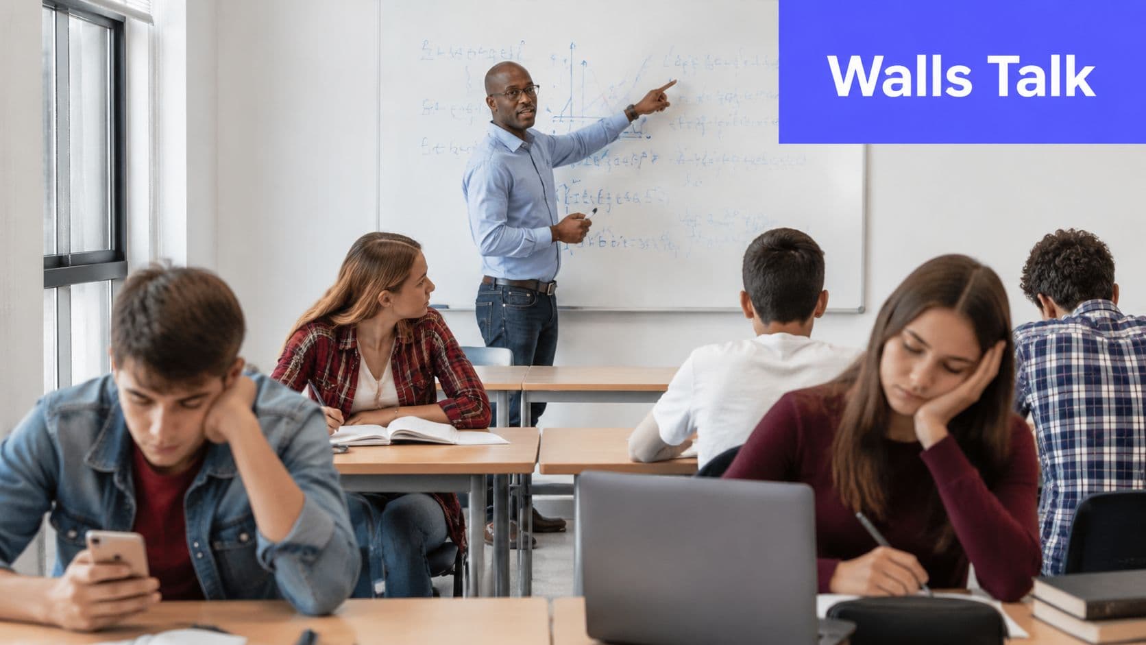 A male teacher explains a complex diagram on a whiteboard to a group of students in a classroom.