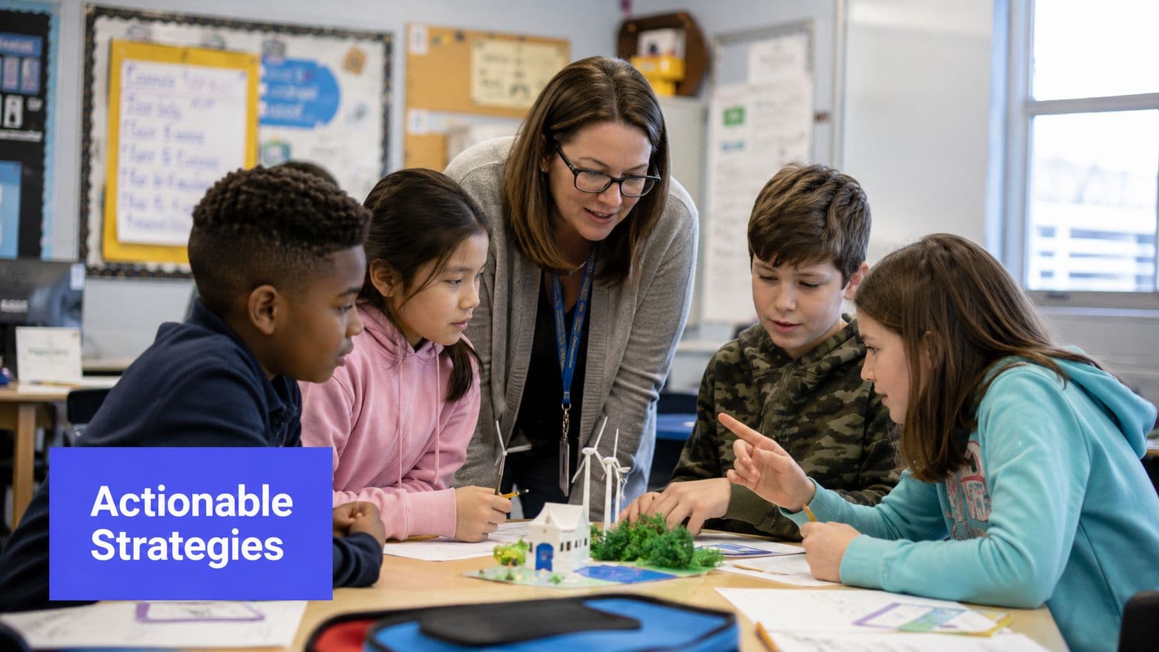 A teacher helps a diverse group of students working together on a science project in a classroom.