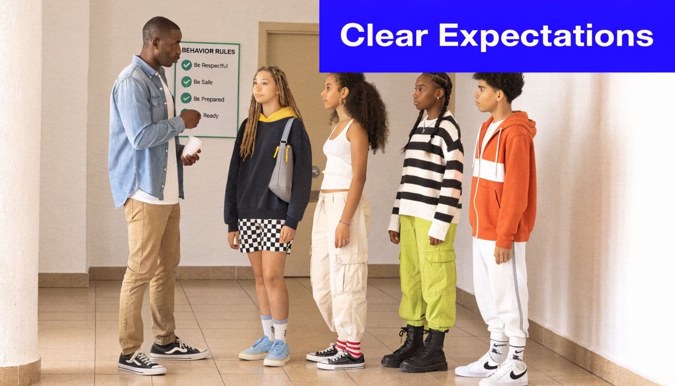 A teacher talking to a group of four middle school students in a school hallway.