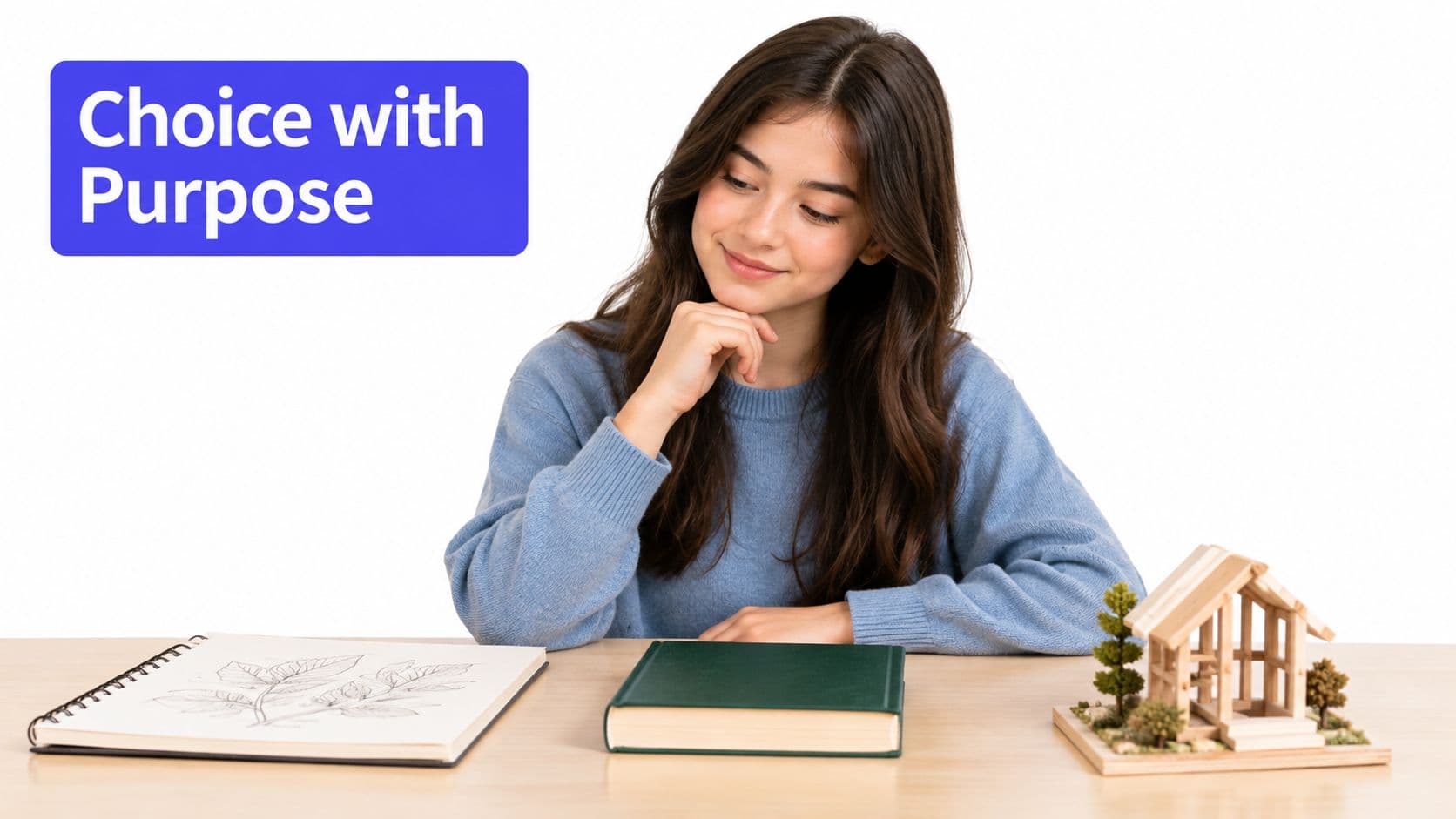 A young woman thoughtfully looking at a sketchbook, a closed book, and a small architectural house model.