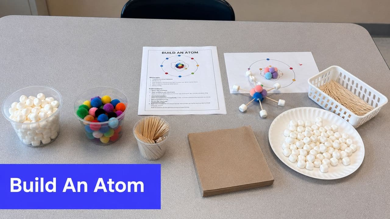 A table setup for a Build an Atom science project with marshmallows, pom-poms, toothpicks, and instructions.