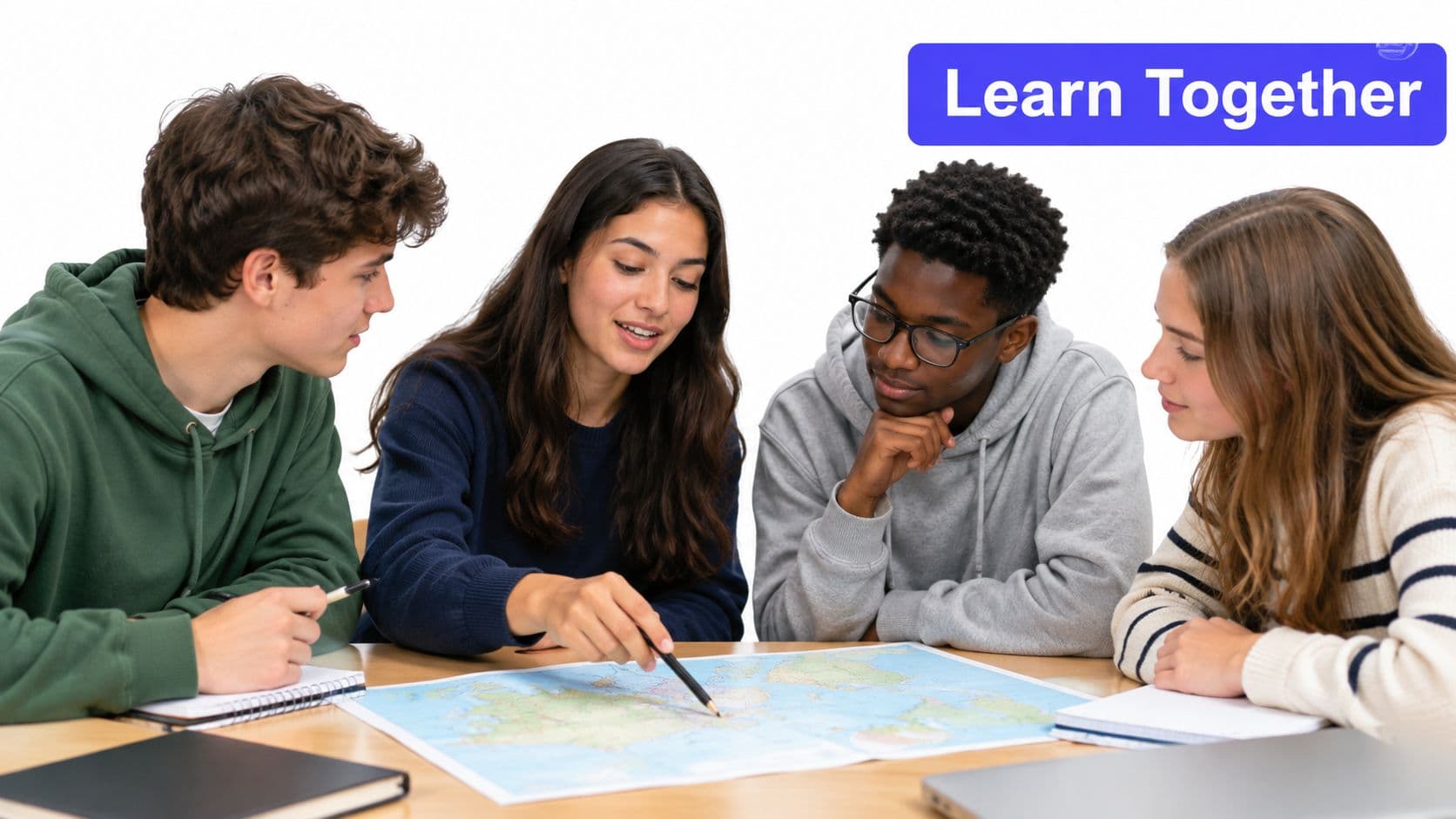 A diverse group of four students collaborating together while studying a world map at a wooden table.