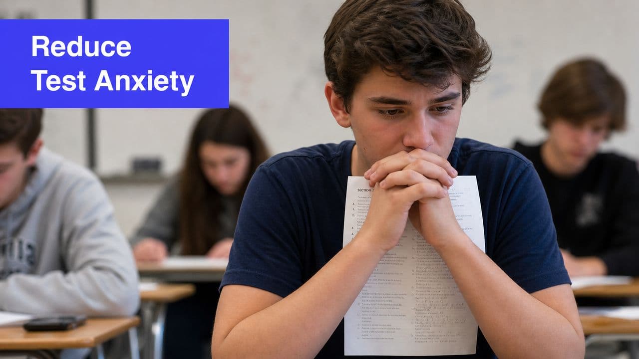 A student in a classroom looks stressed while holding a test, illustrating tips to reduce test anxiety.