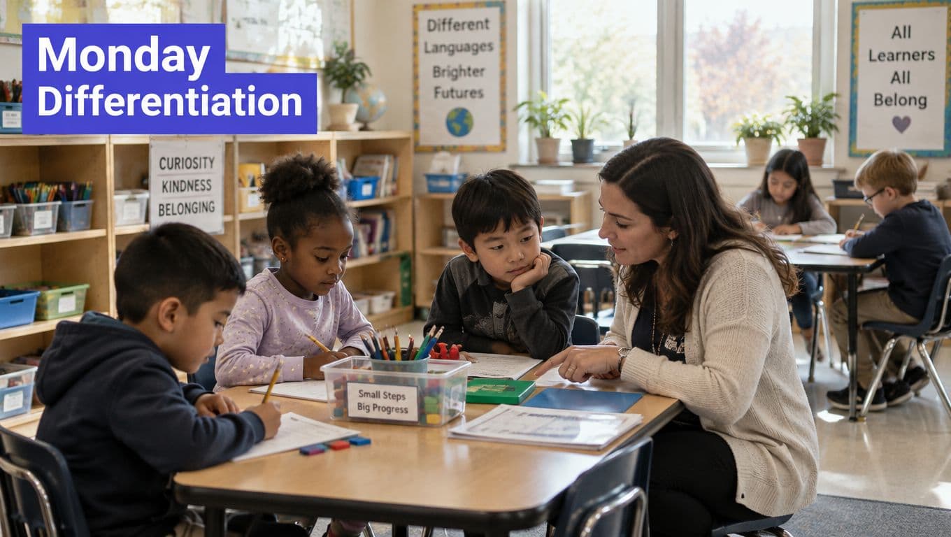 A teacher provides differentiated instruction to a small group of diverse elementary students in a classroom.
