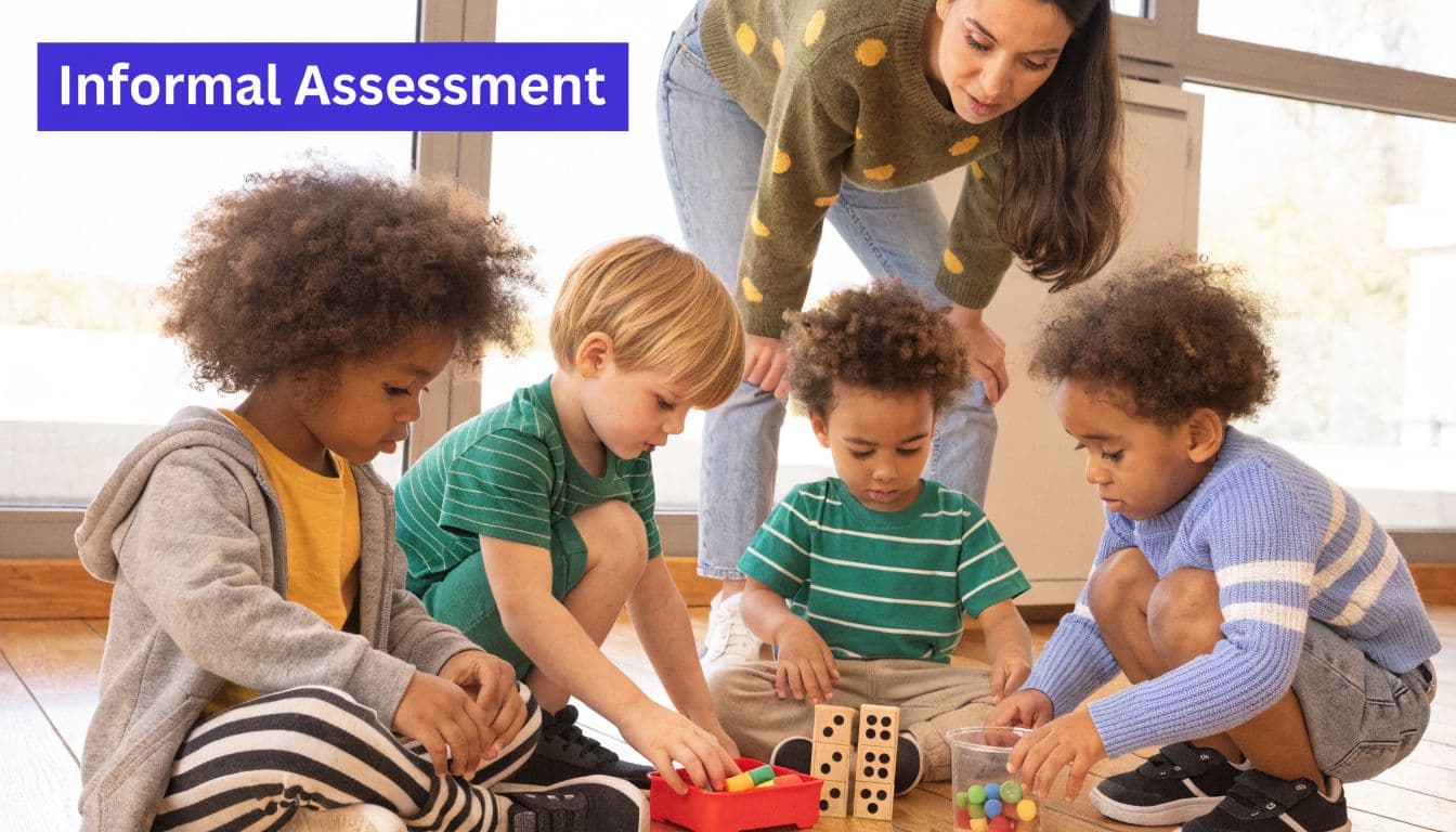 A teacher watches four preschool children playing with math manipulatives and wooden blocks on a floor.