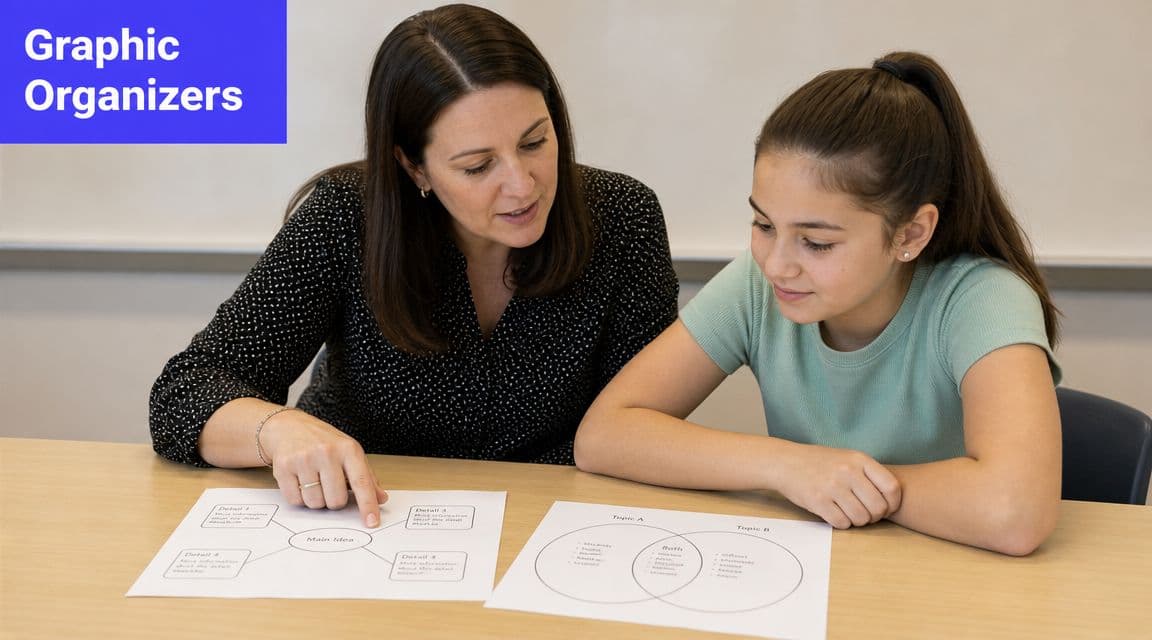 A teacher assisting a young student with graphic organizers at a desk in a classroom setting.