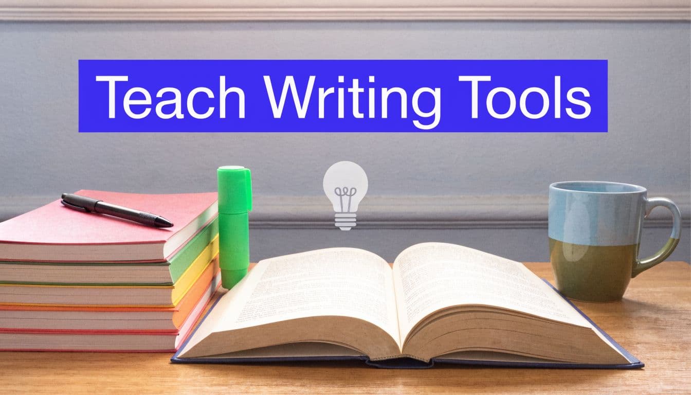 A wooden desk featuring a stack of colorful notebooks, a highlighter, an open book, and a mug.