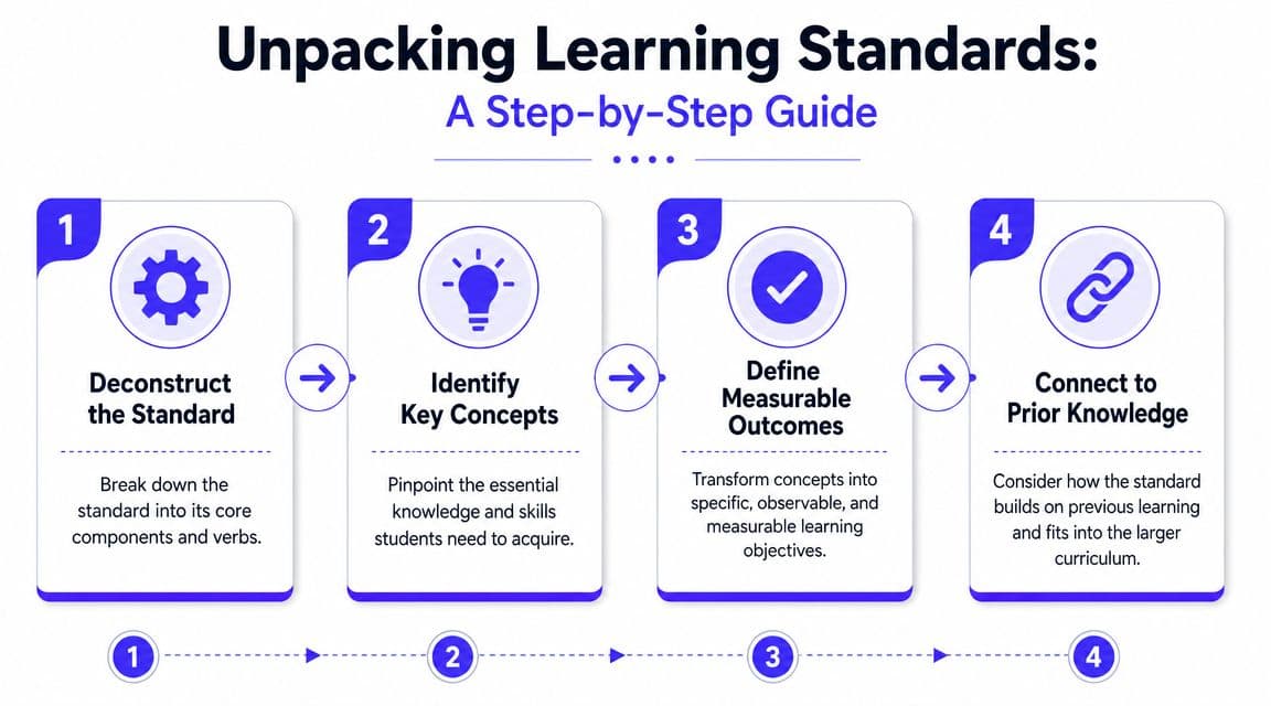 A four-step infographic guide explaining how to unpack and organize learning standards for educational curriculum development.