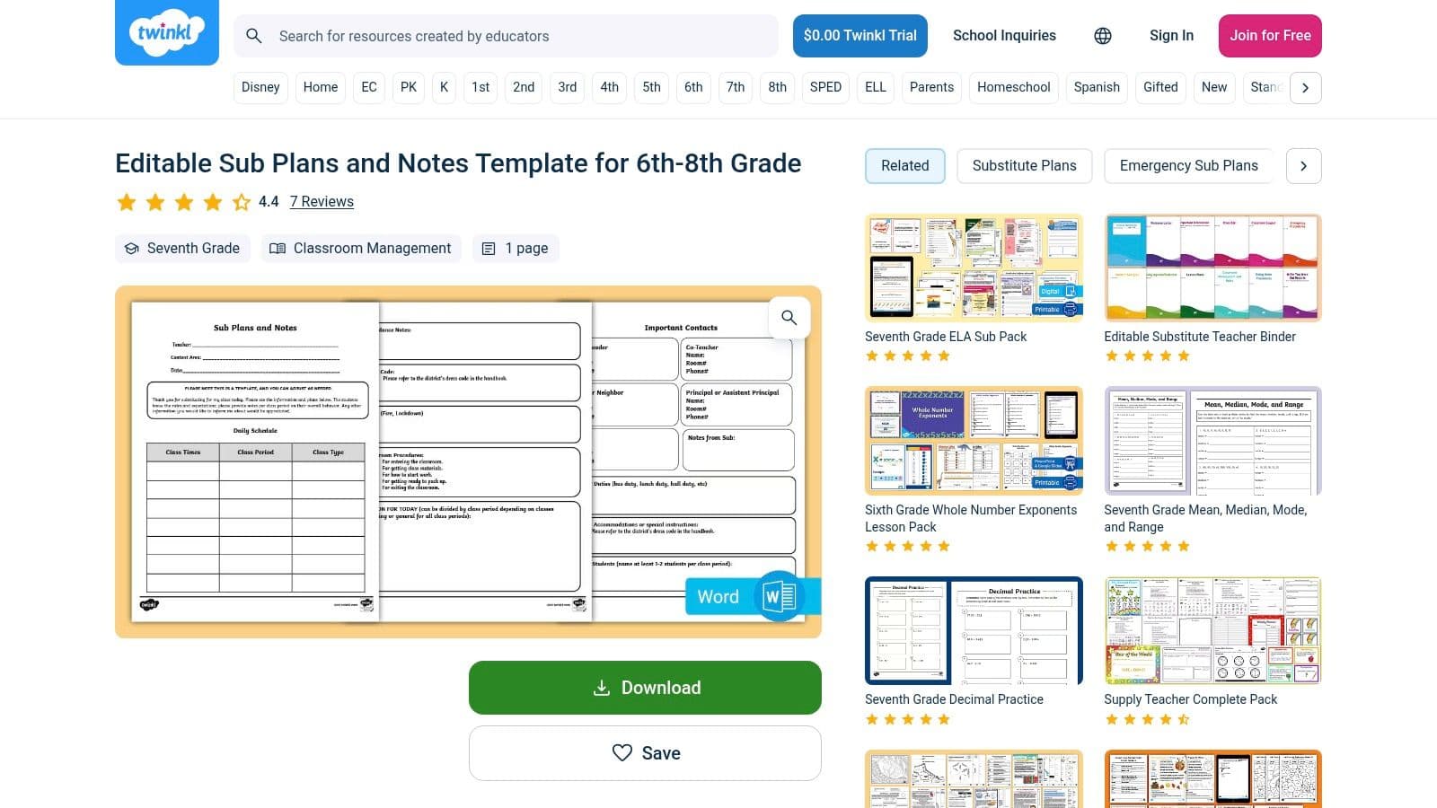 Twinkl USA, Editable Sub Plans and Notes (Grades 6–8)