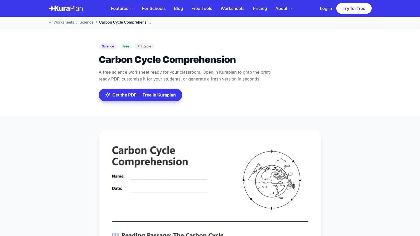 Carbon Cycle Comprehension, Free Printable Worksheet for Science