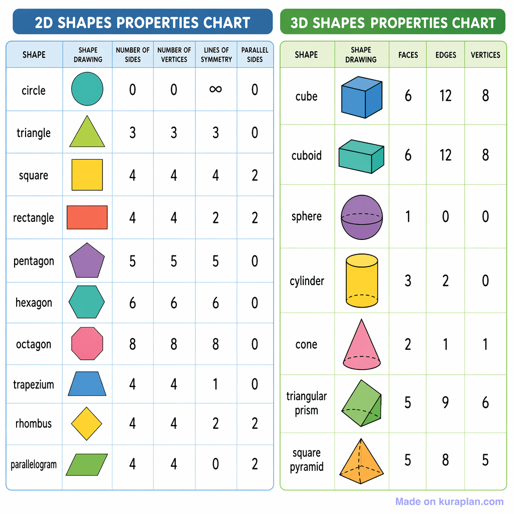 2D and 3D Shapes Properties Chart (simple)