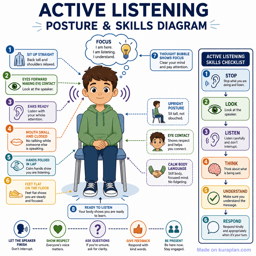 Active Listening Posture & Skills Diagram (detailed)