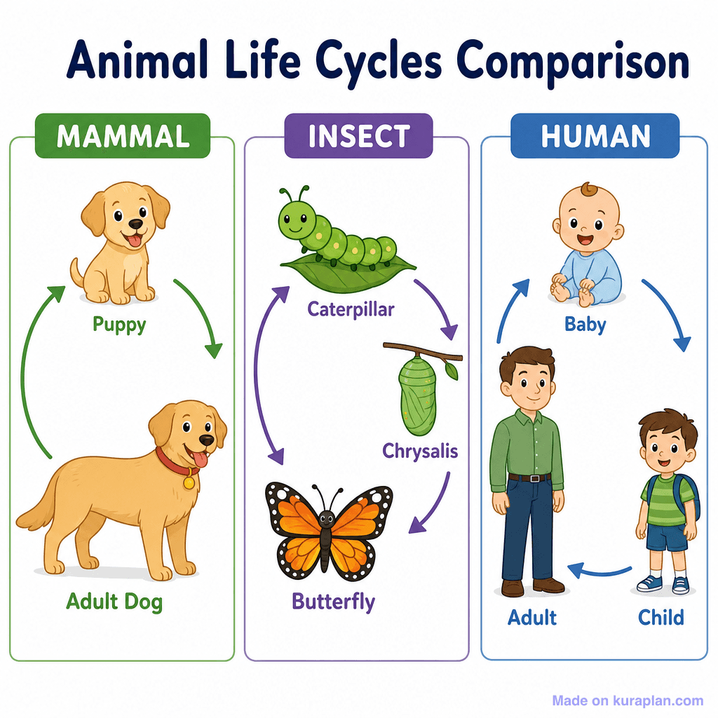 Animal Life Cycles Comparison (Mammal, Insect, Human) (simple)