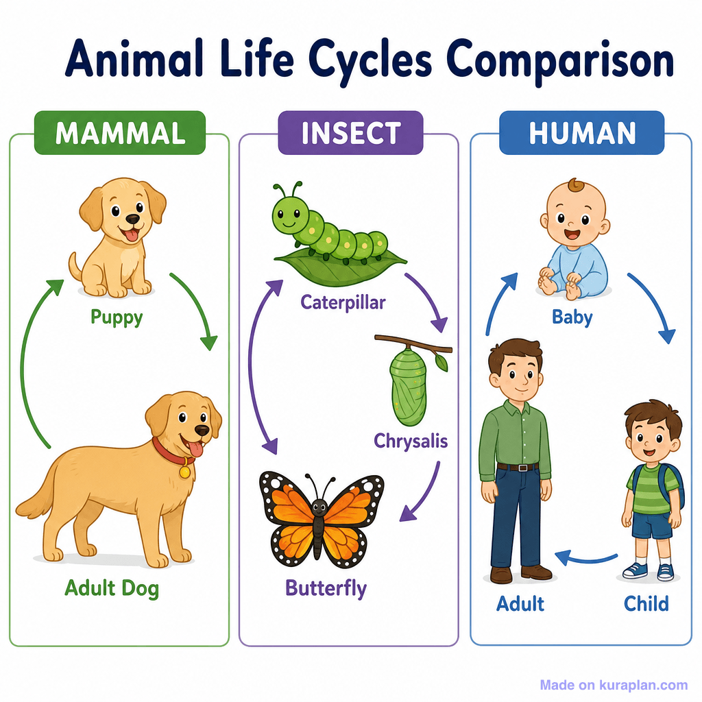 Animal Life Cycles Comparison (Mammal, Insect, Human) (simple)