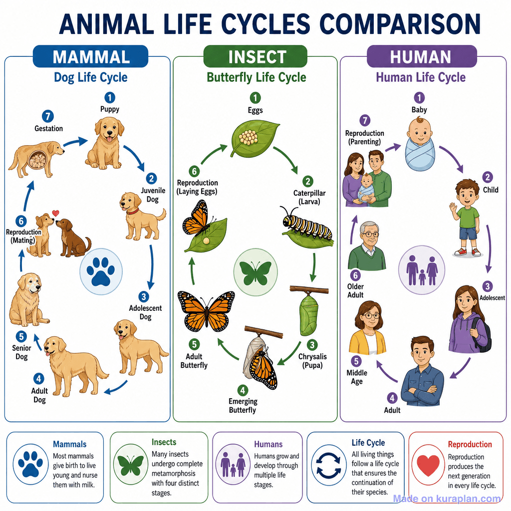 Animal Life Cycles Comparison (Mammal, Insect, Human) (detailed)